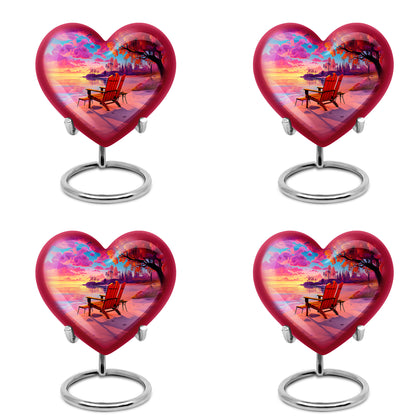 Sapphire Blue Beach Cremation Urn angled view of lid and engraved motif - romantic heart urn with beach motif on aluminum - 10 inch aluminum urn for cremated remains