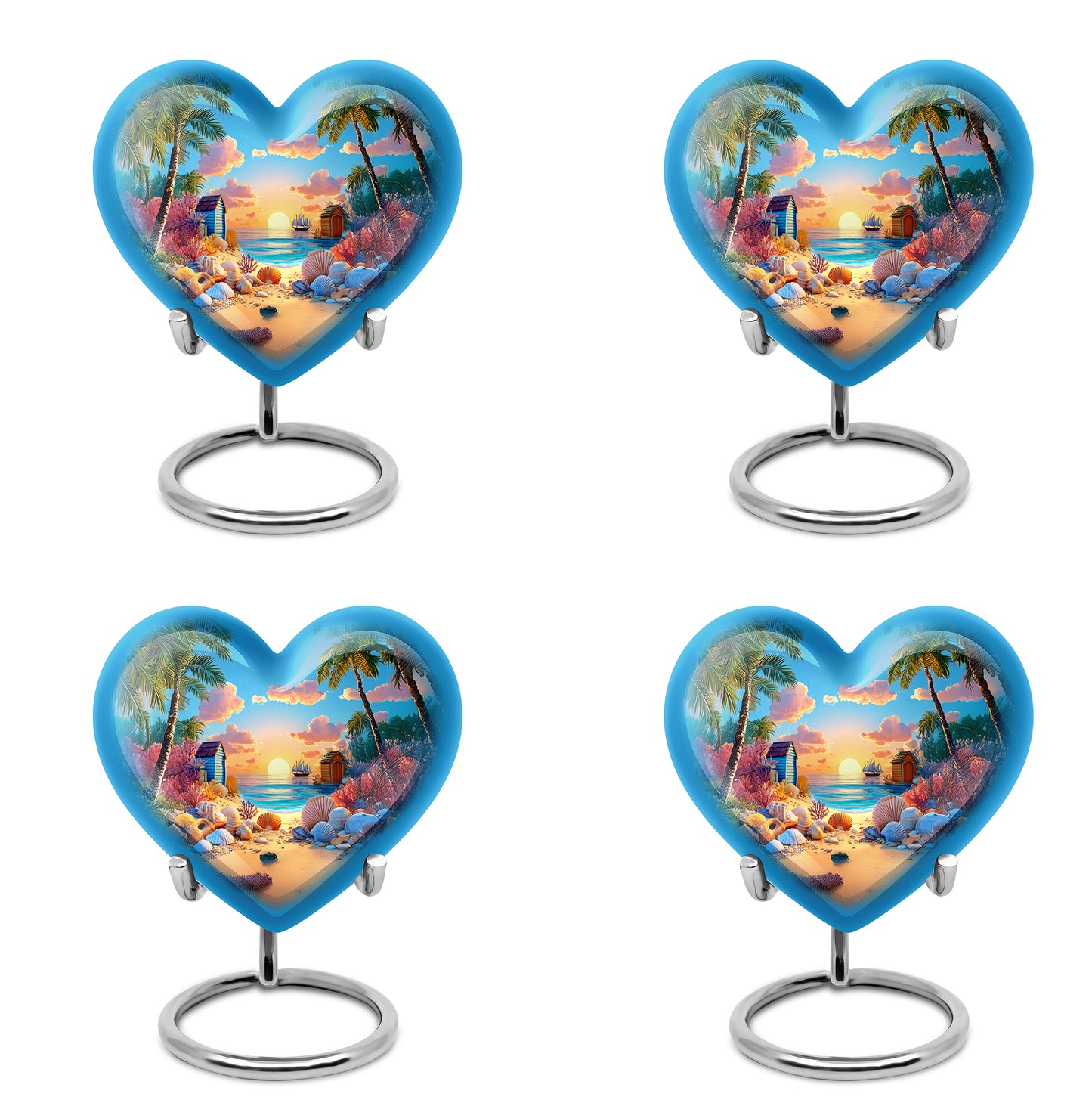 Powder Blue Beach Cremation Urn angled view of lid and engraved motif - loving heart memorial featuring beach pattern - 10 inch aluminum urn for cremated remains