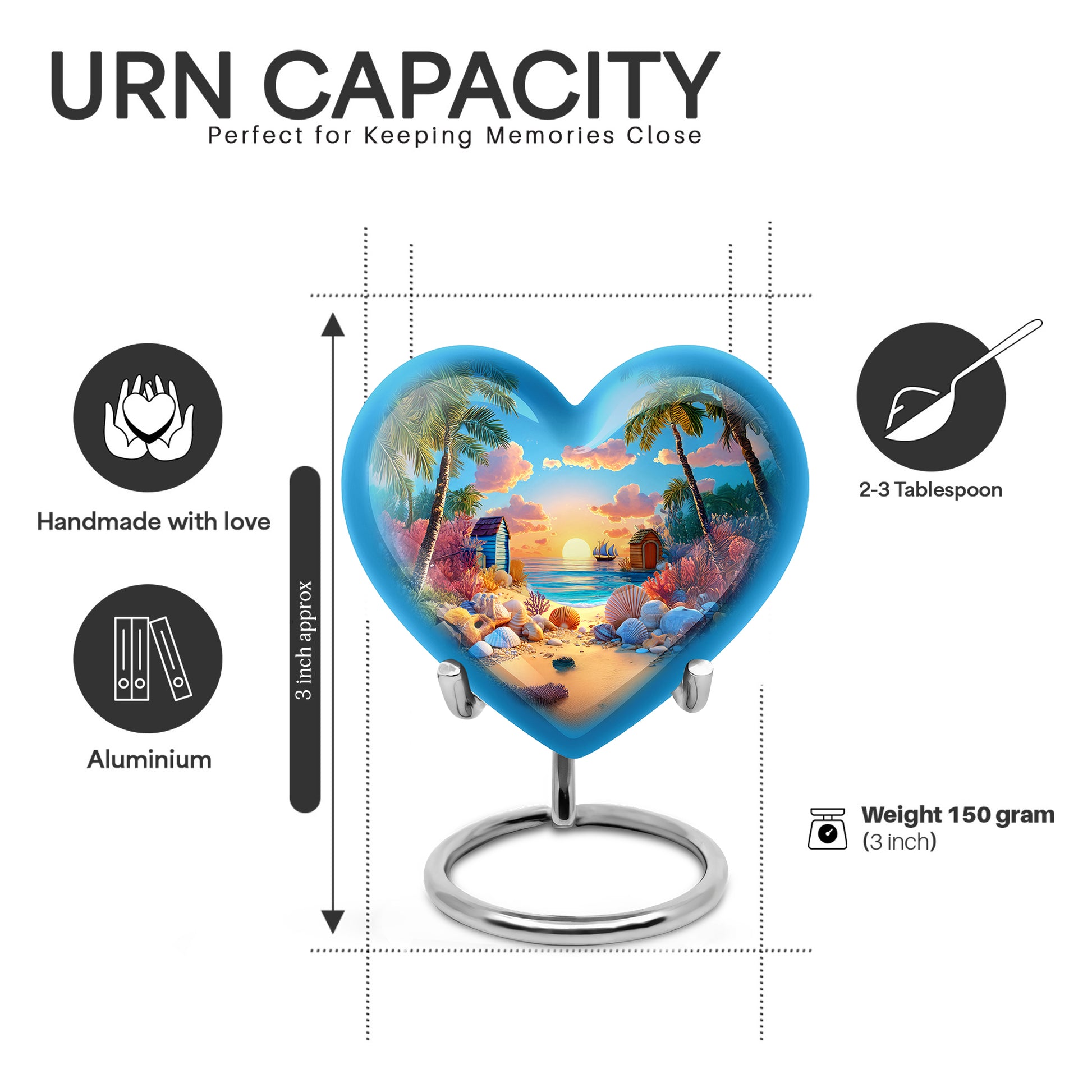 Twilight Blue Beach Cremation Urn front view showing detailed design - romantic heart urn with beach motif on aluminum - mini keepsake memorial for portion of cremation ashes