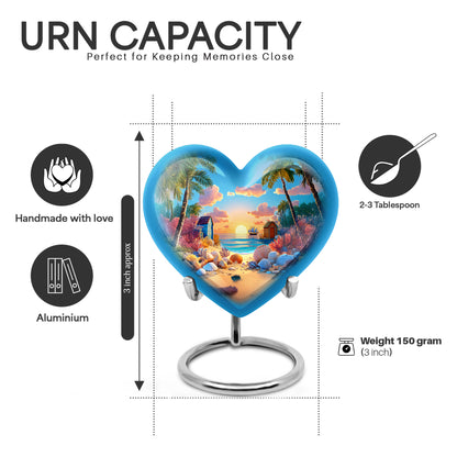Twilight Blue Beach Cremation Urn front view showing detailed design - romantic heart urn with beach motif on aluminum - mini keepsake memorial for portion of cremation ashes
