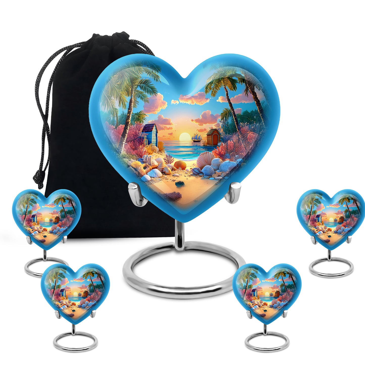 Steel Blue Beach Cremation Urn close-up of engraving and surface detail - romantic heart urn with beach motif on aluminum - memorial set with one large and four small urns