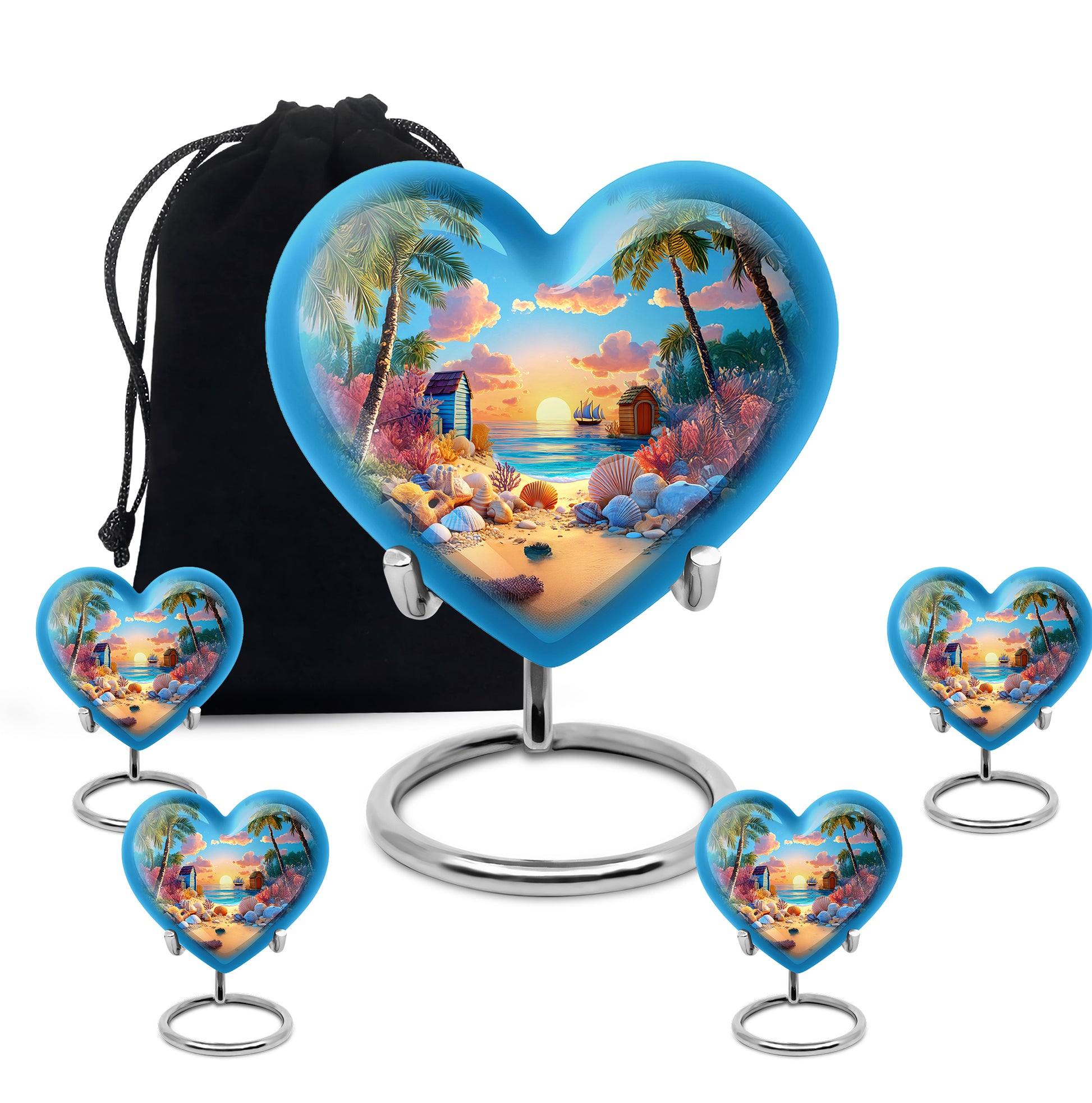 Steel Blue Beach Cremation Urn close-up of engraving and surface detail - romantic heart urn with beach motif on aluminum - memorial set with one large and four small urns
