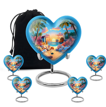 Steel Blue Beach Cremation Urn close-up of engraving and surface detail - romantic heart urn with beach motif on aluminum - memorial set with one large and four small urns