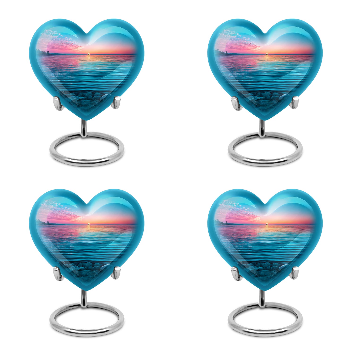 Calming Blue Beach Cremation Urn angled view of lid and engraved motif - romantic heart urn with beach motif on aluminum - 10 inch aluminum urn for cremated remains