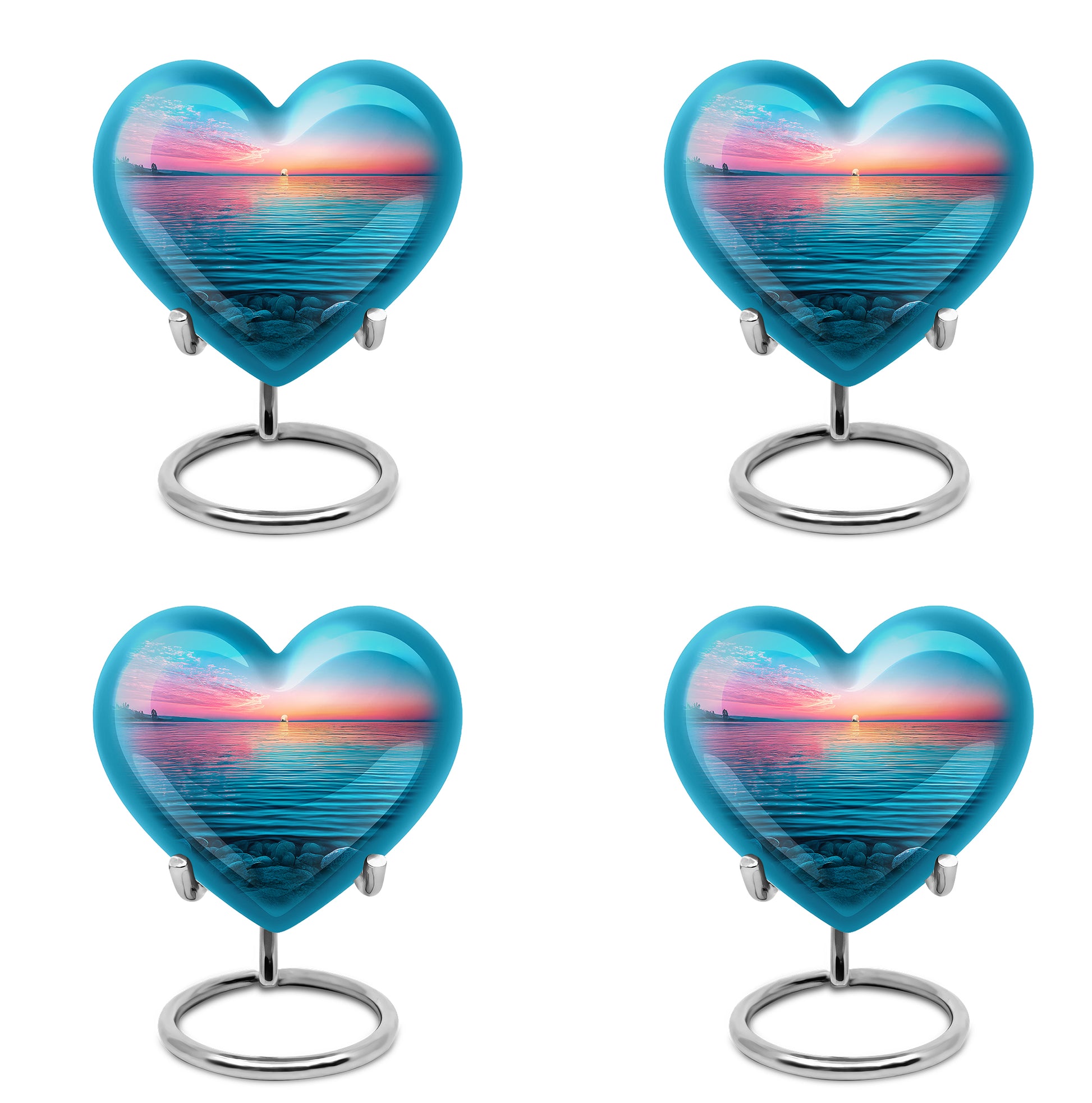 Calming Blue Beach Cremation Urn angled view of lid and engraved motif - romantic heart urn with beach motif on aluminum - 10 inch aluminum urn for cremated remains