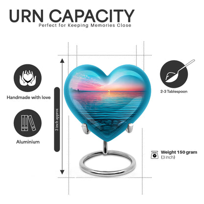 Slate Blue Beach Cremation Urn front view showing detailed design - heart-shaped beach design symbolizing eternal love - mini keepsake memorial for portion of cremation ashes