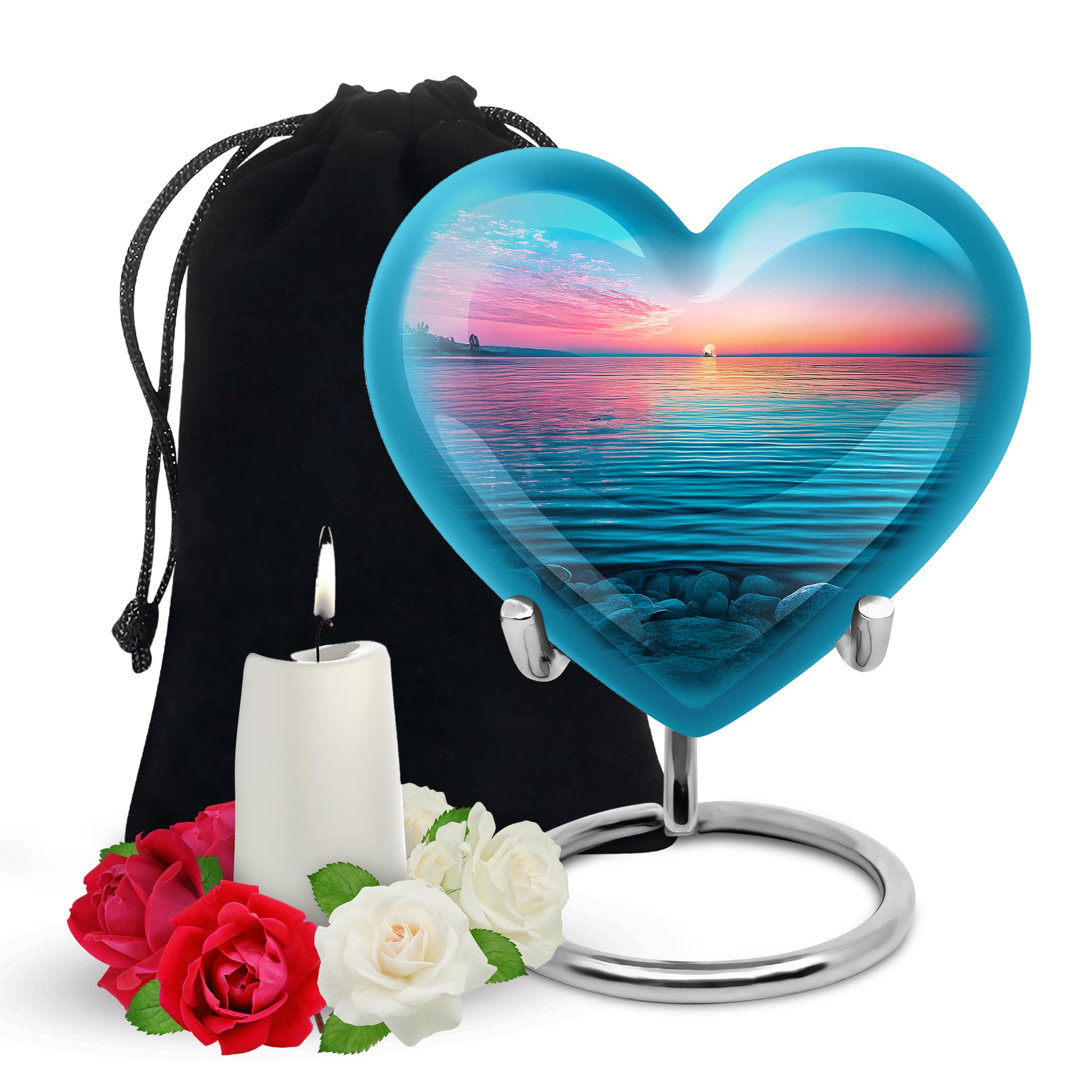 Azure Beach Cremation Urn detail view - heart-shaped beach design symbolizing eternal love - full-size 10 inch 200 cubic inch adult cremation urn