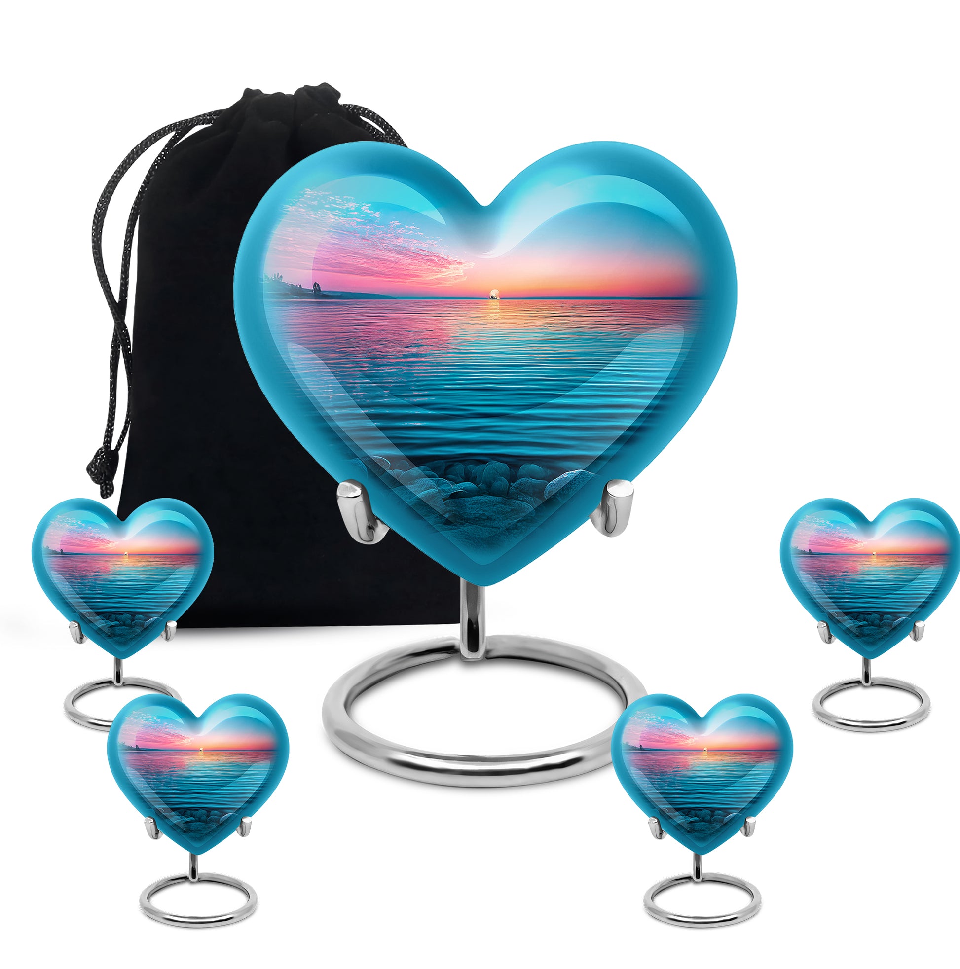Cornflower Blue Beach Cremation Urn close-up of engraving and surface detail - compassionate heart-beach combination with gentle curves - memorial set with one large and four small urns