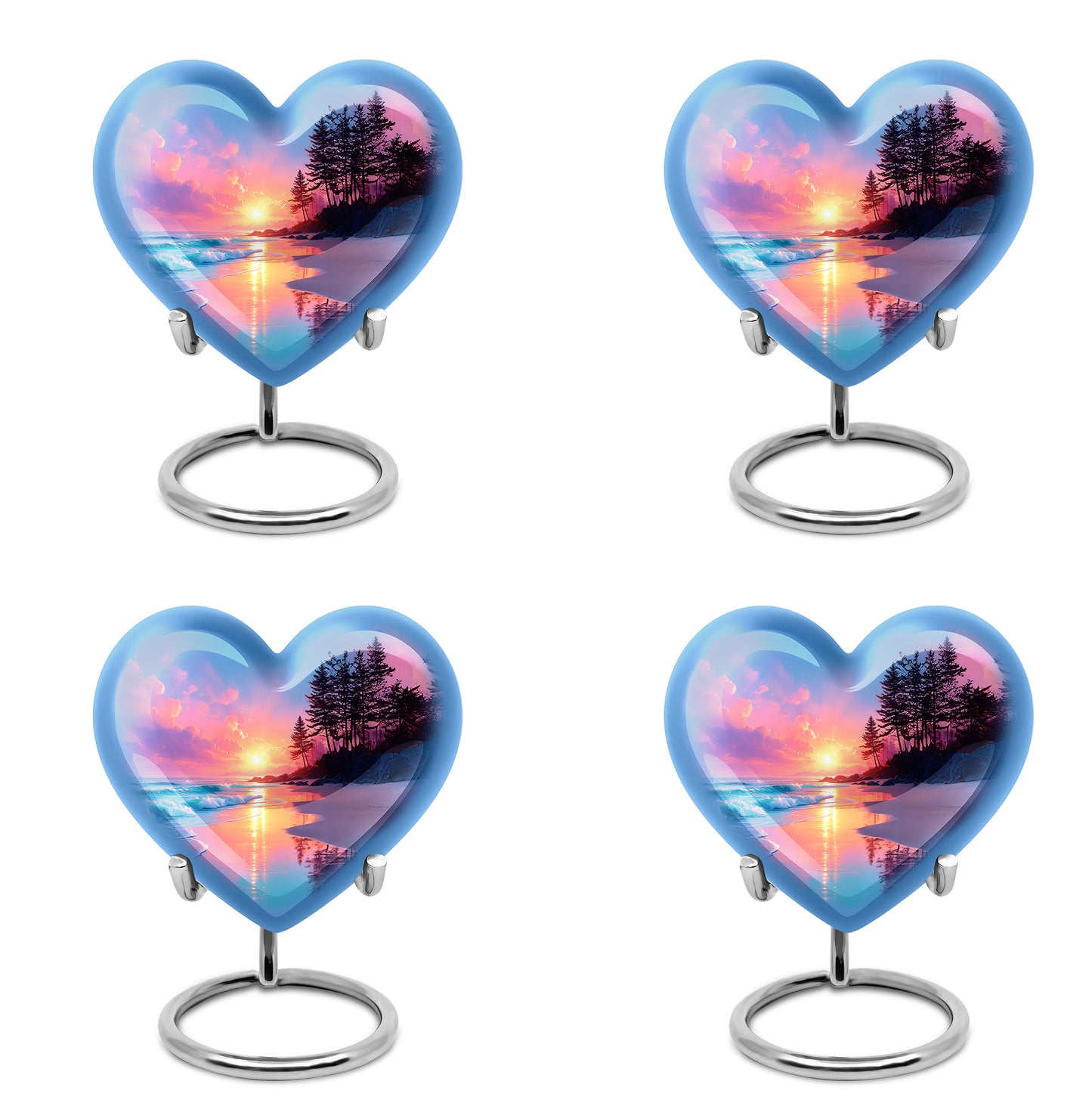 Celestial Blue Beach Cremation Urn angled view of lid and engraved motif - loving heart memorial featuring beach pattern - 10 inch aluminum urn for cremated remains