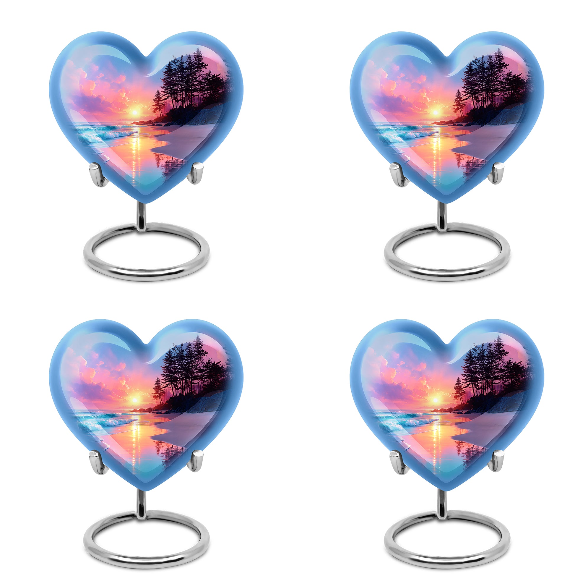 Celestial Blue Beach Cremation Urn angled view of lid and engraved motif - loving heart memorial featuring beach pattern - 10 inch aluminum urn for cremated remains