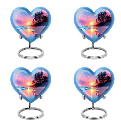 Celestial Blue Beach Cremation Urn angled view of lid and engraved motif - loving heart memorial featuring beach pattern - 10 inch aluminum urn for cremated remains