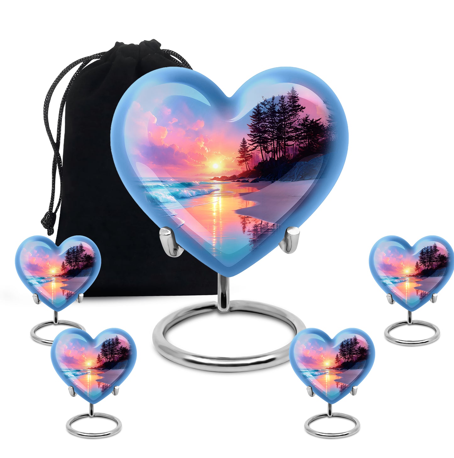 Slate Blue Beach Cremation Urn close-up of engraving and surface detail - heart-shaped beach design symbolizing eternal love - memorial set with one large and four small urns