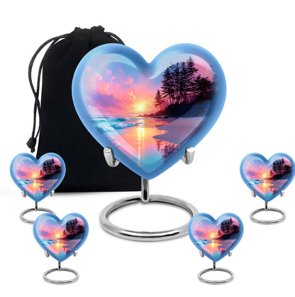 Slate Blue Beach Cremation Urn close-up of engraving and surface detail - heart-shaped beach design symbolizing eternal love - memorial set with one large and four small urns