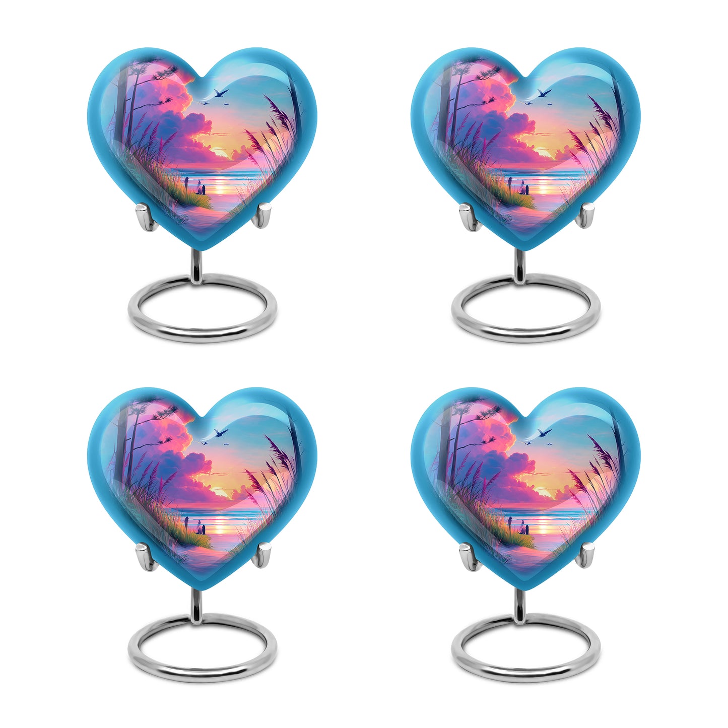 Royal Blue Beach Cremation Urn angled view of lid and engraved motif - romantic heart urn with beach motif on aluminum - 10 inch aluminum urn for cremated remains