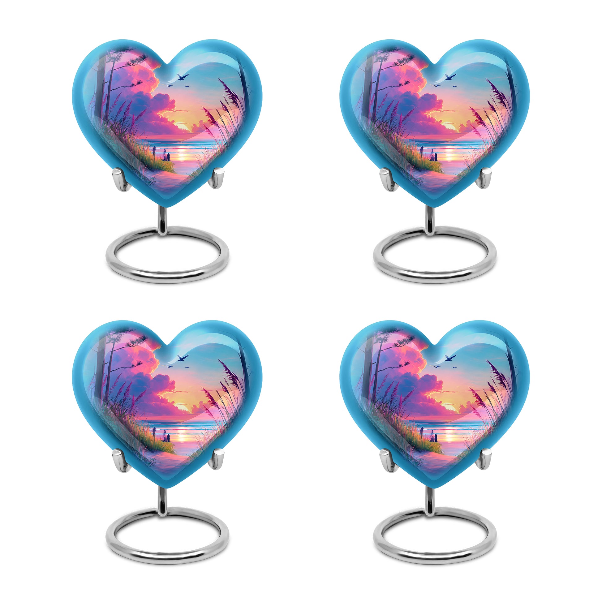 Royal Blue Beach Cremation Urn angled view of lid and engraved motif - romantic heart urn with beach motif on aluminum - 10 inch aluminum urn for cremated remains