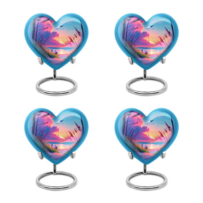 Royal Blue Beach Cremation Urn angled view of lid and engraved motif - romantic heart urn with beach motif on aluminum - 10 inch aluminum urn for cremated remains