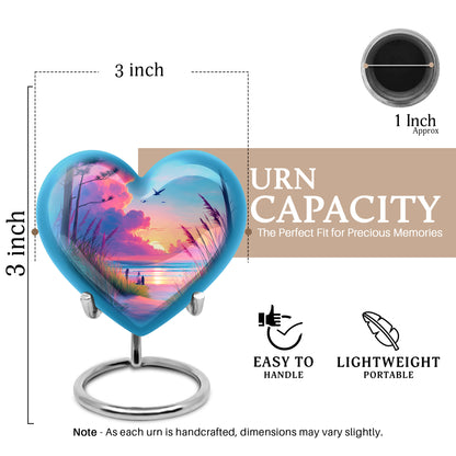 Pastel Blue Beach Cremation Urn front view showing detailed design - heart-shaped beach design symbolizing eternal love - mini keepsake memorial for portion of cremation ashes