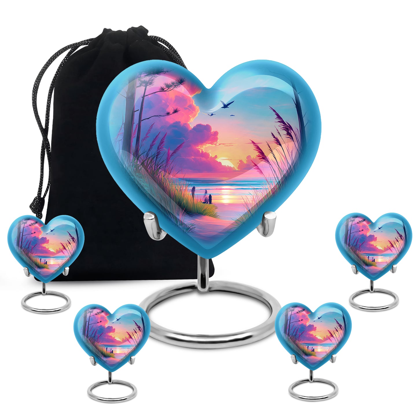 Dusty Blue Beach Cremation Urn close-up of engraving and surface detail - loving heart memorial featuring beach pattern - memorial set with one large and four small urns