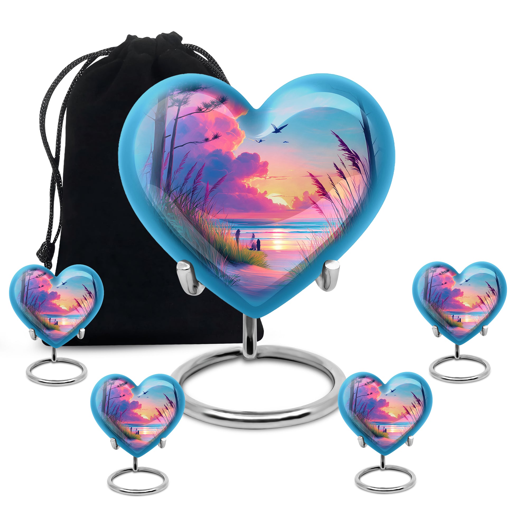 Dusty Blue Beach Cremation Urn close-up of engraving and surface detail - loving heart memorial featuring beach pattern - memorial set with one large and four small urns