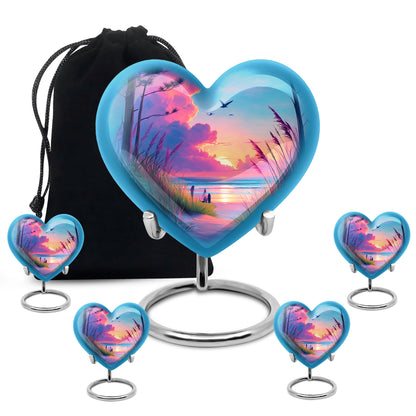 Dusty Blue Beach Cremation Urn close-up of engraving and surface detail - loving heart memorial featuring beach pattern - memorial set with one large and four small urns