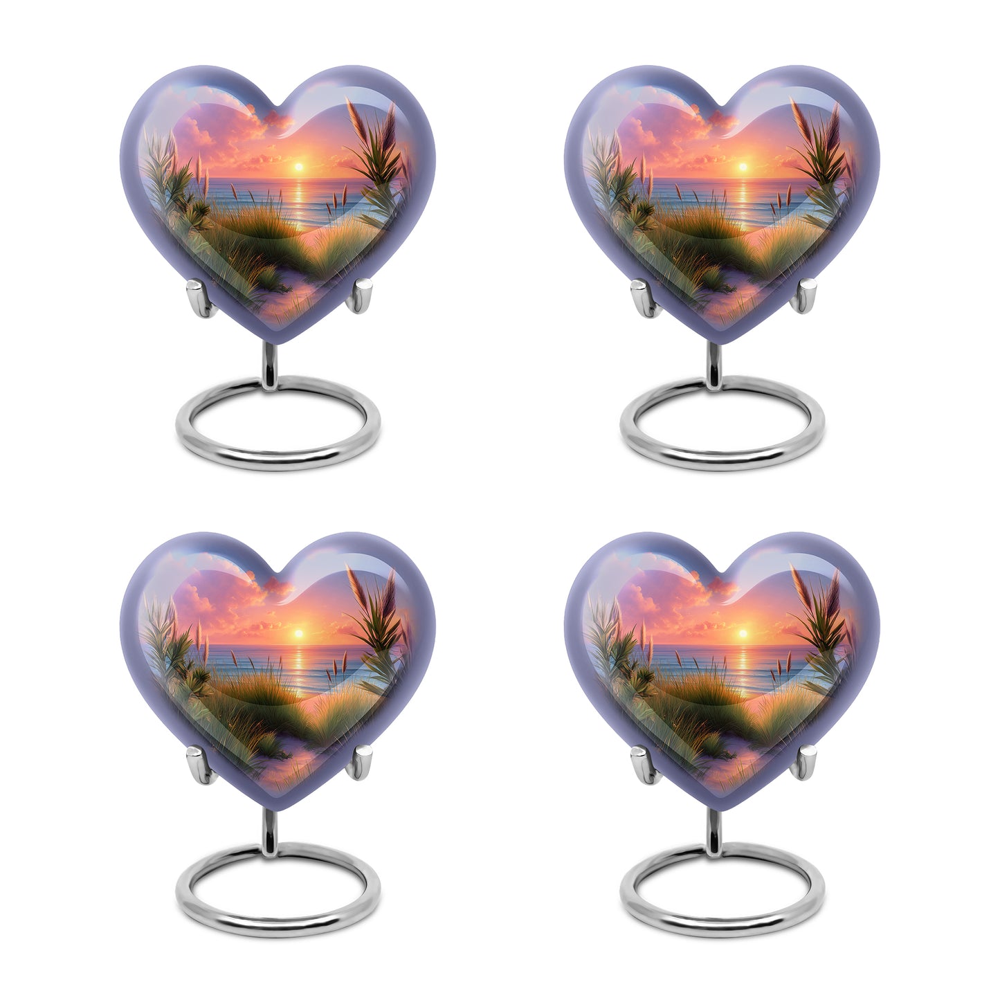 Navy Blue Beach Cremation Urn angled view of lid and engraved motif - heart-shaped beach design symbolizing eternal love - 10 inch aluminum urn for cremated remains