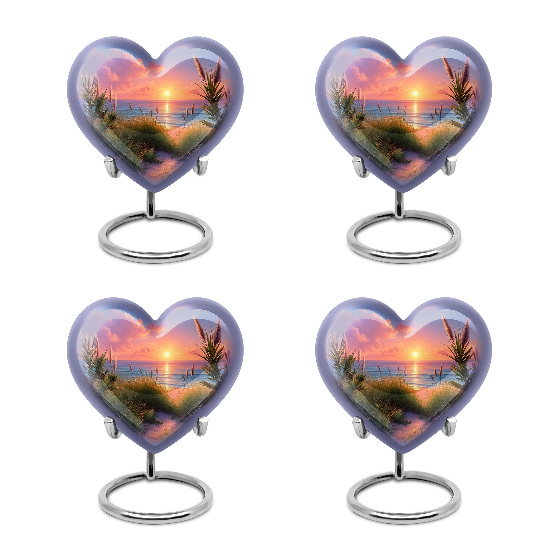 Navy Blue Beach Cremation Urn angled view of lid and engraved motif - heart-shaped beach design symbolizing eternal love - 10 inch aluminum urn for cremated remains