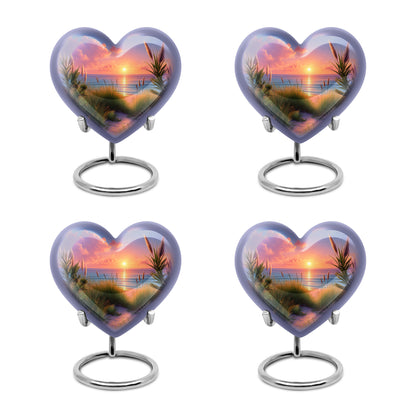 Navy Blue Beach Cremation Urn angled view of lid and engraved motif - heart-shaped beach design symbolizing eternal love - 10 inch aluminum urn for cremated remains
