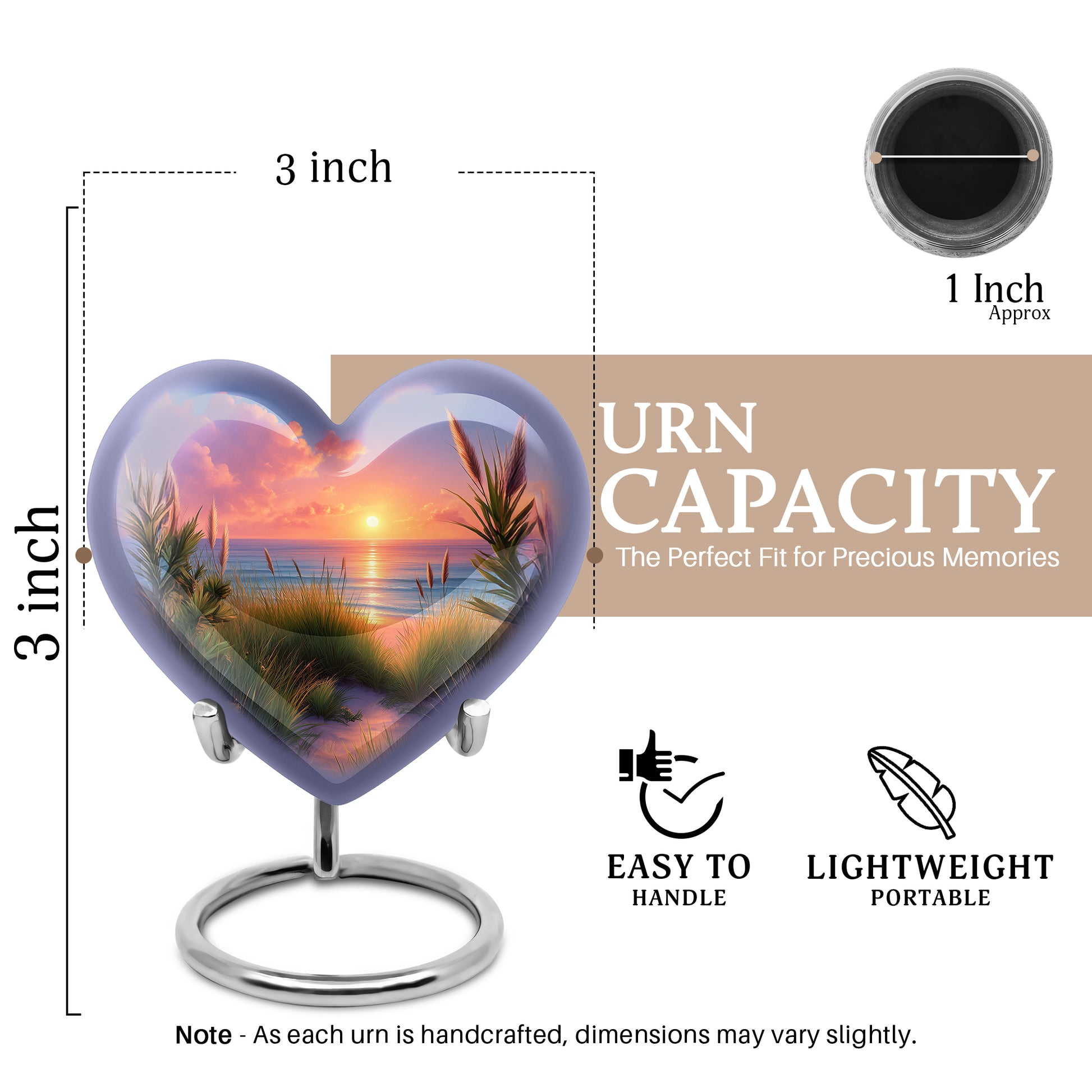 Soft Blue Beach Cremation Urn front view showing detailed design - compassionate heart-beach combination with gentle curves - mini keepsake memorial for portion of cremation ashes
