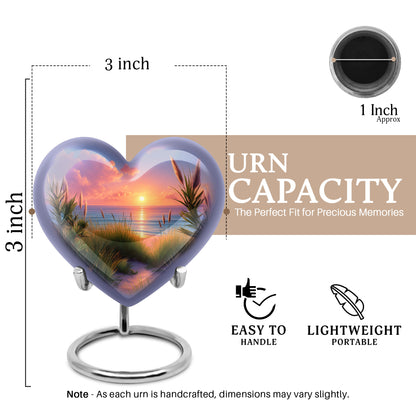 Soft Blue Beach Cremation Urn front view showing detailed design - compassionate heart-beach combination with gentle curves - mini keepsake memorial for portion of cremation ashes