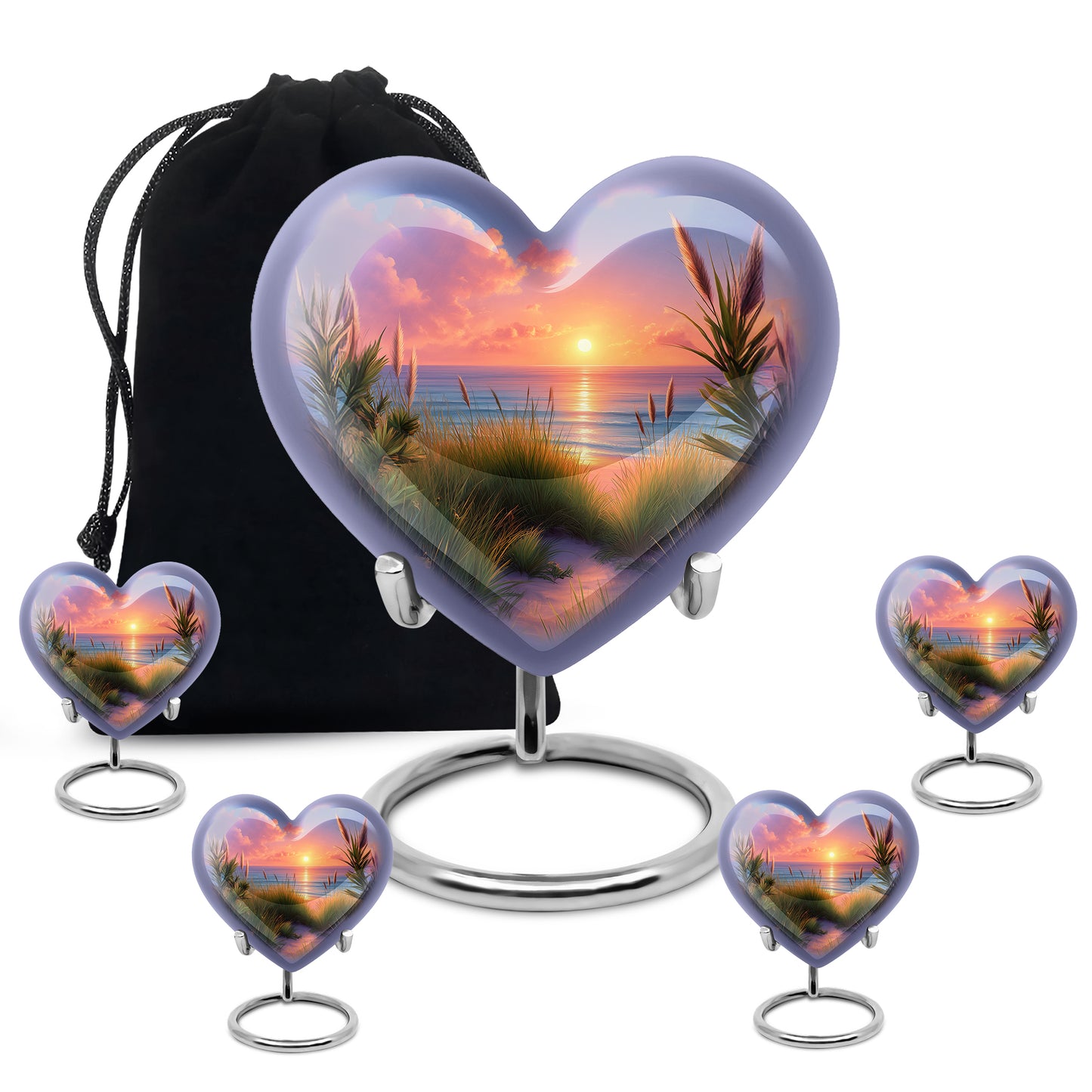 Soft Blue Beach Cremation Urn close-up of engraving and surface detail - romantic heart urn with beach motif on aluminum - memorial set with one large and four small urns