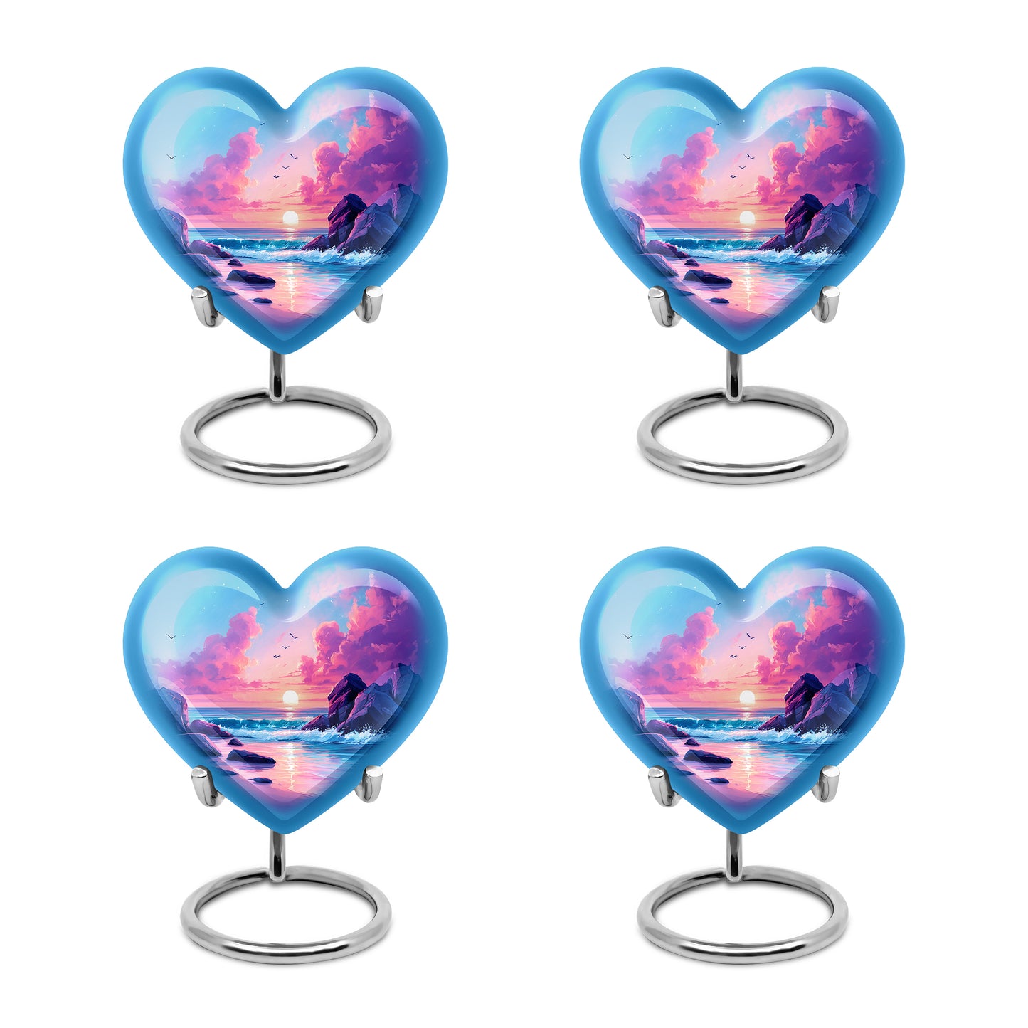 Steel Blue Beach Cremation Urn angled view of lid and engraved motif - compassionate heart-beach combination with gentle curves - 10 inch aluminum urn for cremated remains