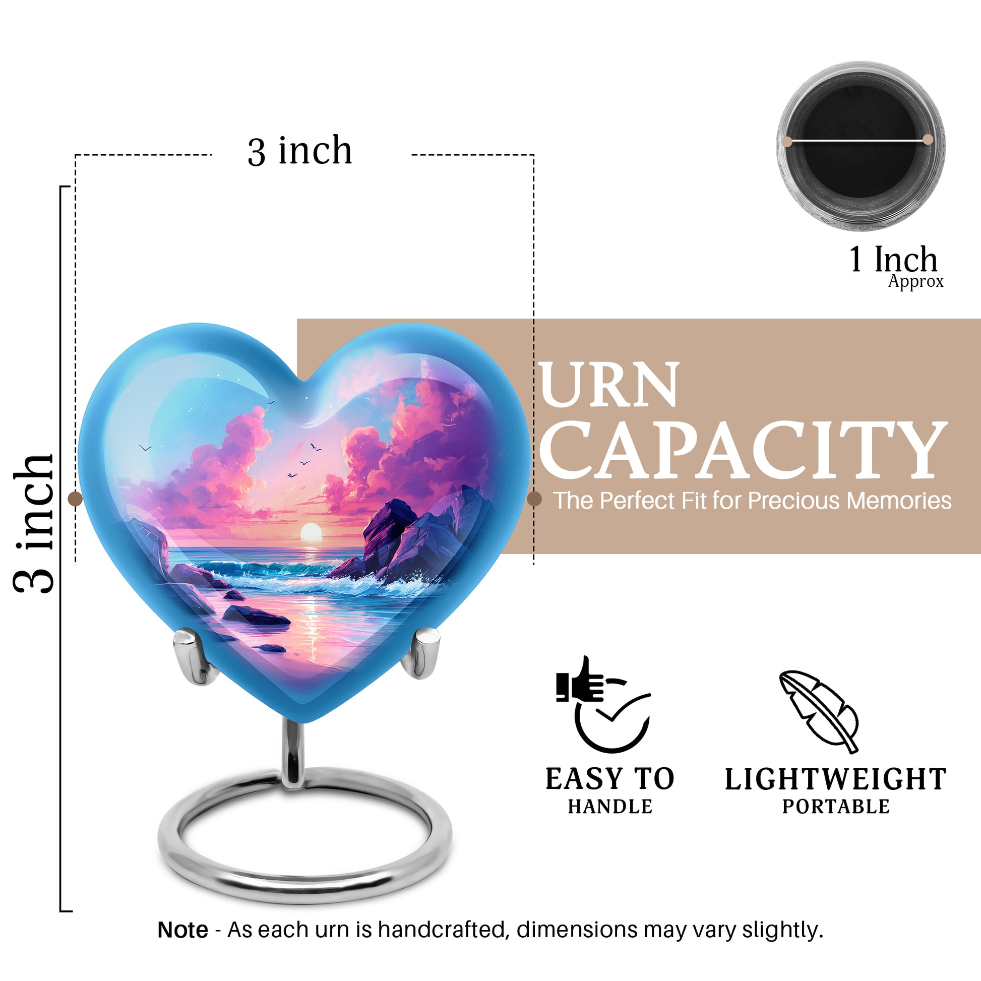 Royal Blue Beach Cremation Urn front view showing detailed design - romantic heart urn with beach motif on aluminum - mini keepsake memorial for portion of cremation ashes