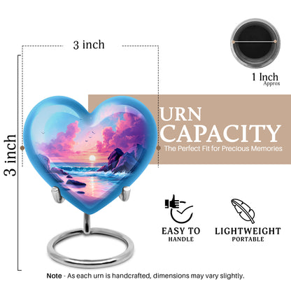 Royal Blue Beach Cremation Urn front view showing detailed design - romantic heart urn with beach motif on aluminum - mini keepsake memorial for portion of cremation ashes