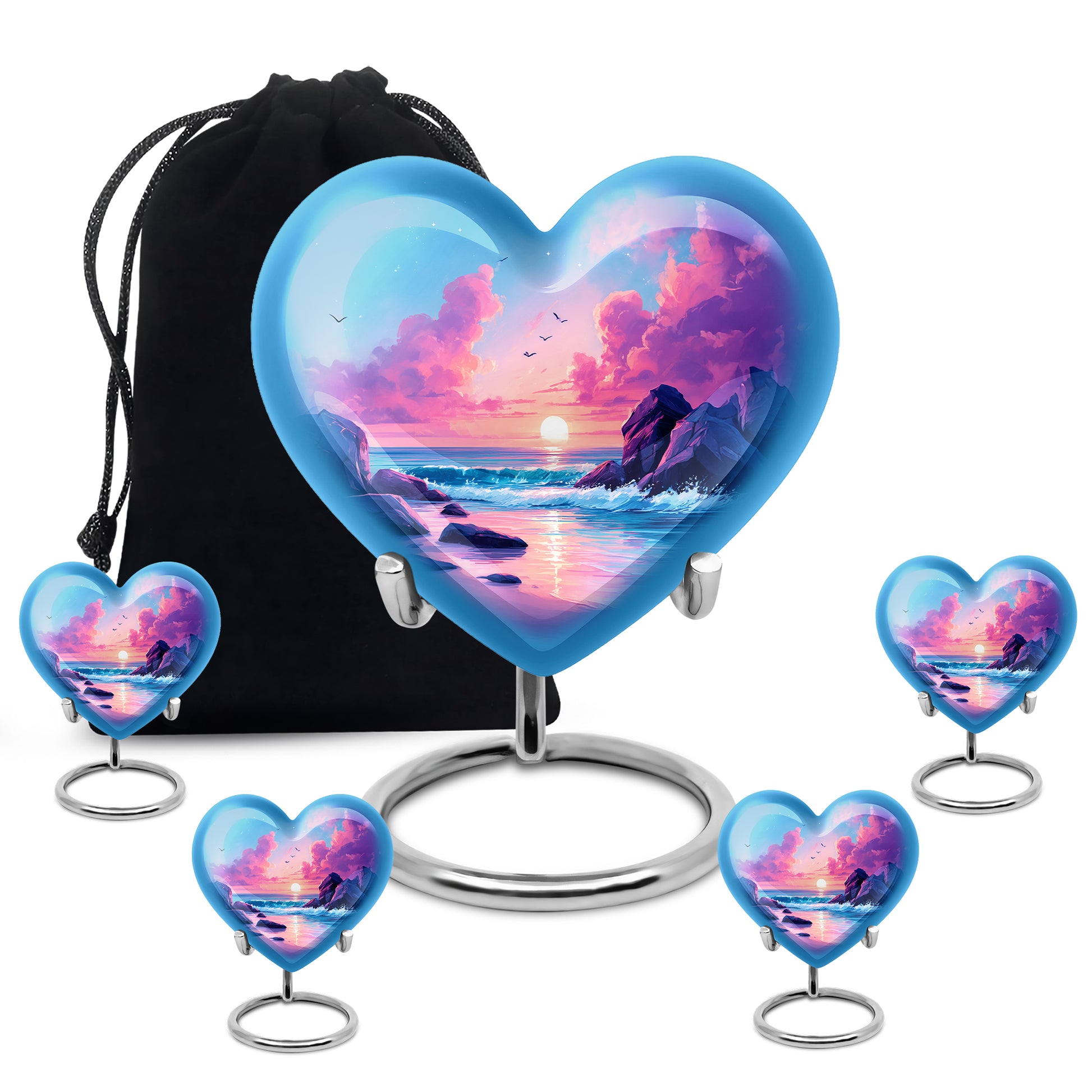 Sapphire Blue Beach Cremation Urn close-up of engraving and surface detail - compassionate heart-beach combination with gentle curves - memorial set with one large and four small urns