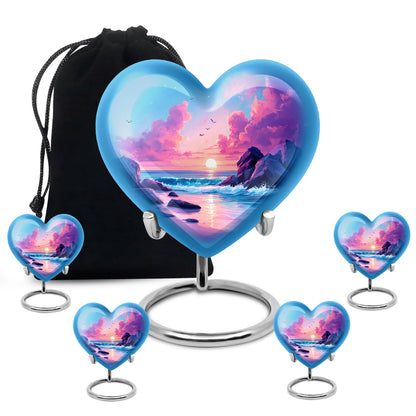 Sapphire Blue Beach Cremation Urn close-up of engraving and surface detail - compassionate heart-beach combination with gentle curves - memorial set with one large and four small urns