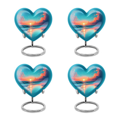 Serene Blue Beach Cremation Urn angled view of lid and engraved motif - romantic heart urn with beach motif on aluminum - 10 inch aluminum urn for cremated remains