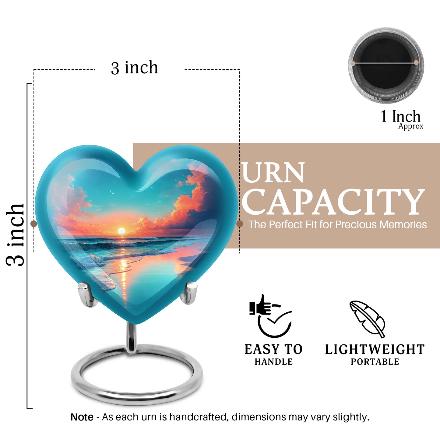 Dusty Blue Beach Cremation Urn front view showing detailed design - loving heart memorial featuring beach pattern - mini keepsake memorial for portion of cremation ashes