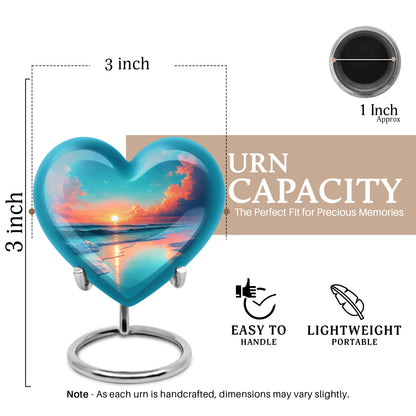 Dusty Blue Beach Cremation Urn front view showing detailed design - loving heart memorial featuring beach pattern - mini keepsake memorial for portion of cremation ashes