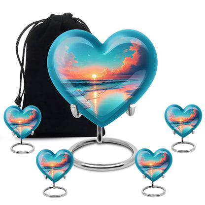 Bright Blue Beach Cremation Urn close-up of engraving and surface detail - romantic heart urn with beach motif on aluminum - memorial set with one large and four small urns