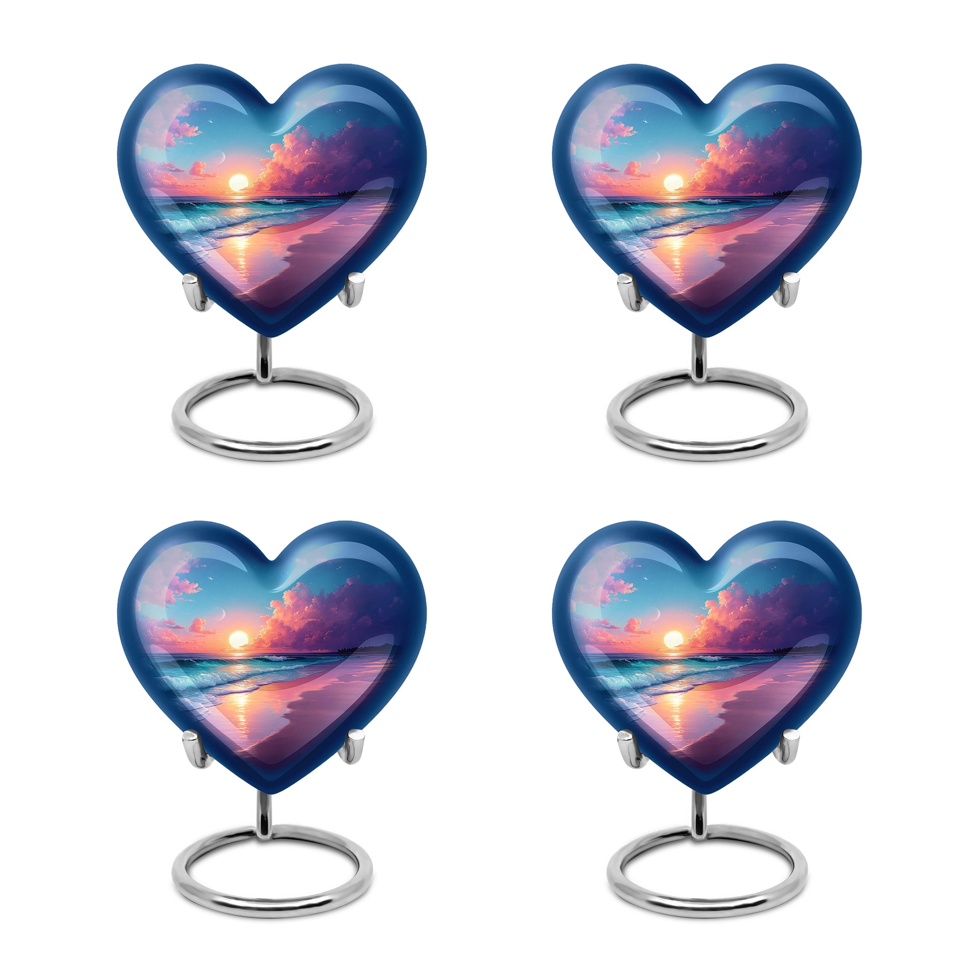 Sky Blue Beach Cremation Urn angled view of lid and engraved motif - loving heart memorial featuring beach pattern - 10 inch aluminum urn for cremated remains
