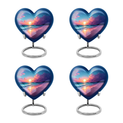 Sky Blue Beach Cremation Urn angled view of lid and engraved motif - loving heart memorial featuring beach pattern - 10 inch aluminum urn for cremated remains