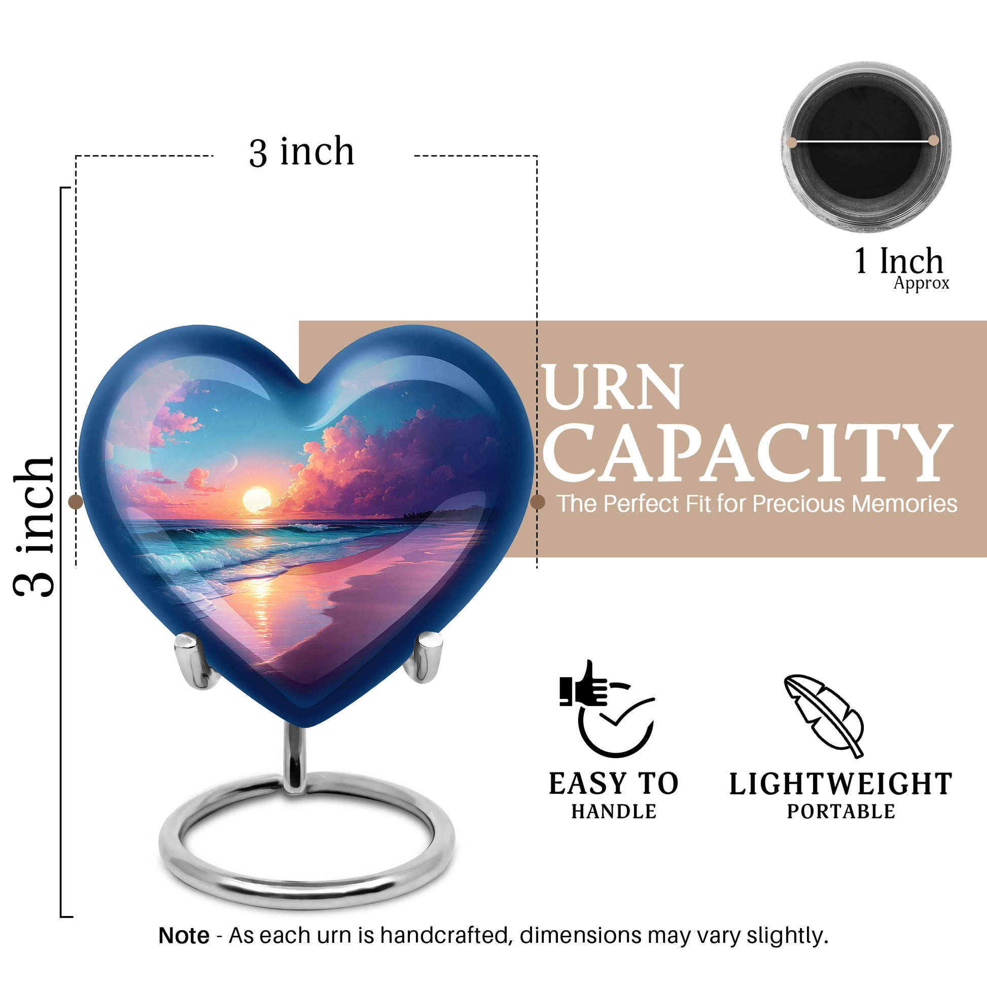 Cobalt Blue Beach Cremation Urn front view showing detailed design - romantic heart urn with beach motif on aluminum - mini keepsake memorial for portion of cremation ashes