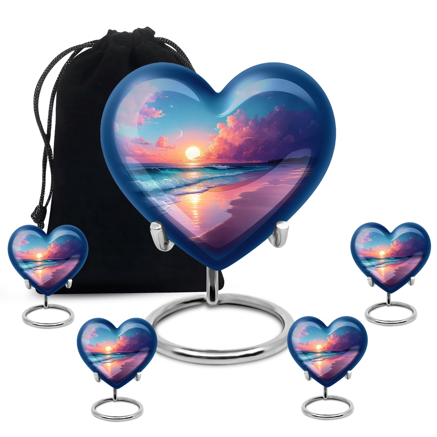 Vivid Blue Beach Cremation Urn close-up of engraving and surface detail - romantic heart urn with beach motif on aluminum - memorial set with one large and four small urns