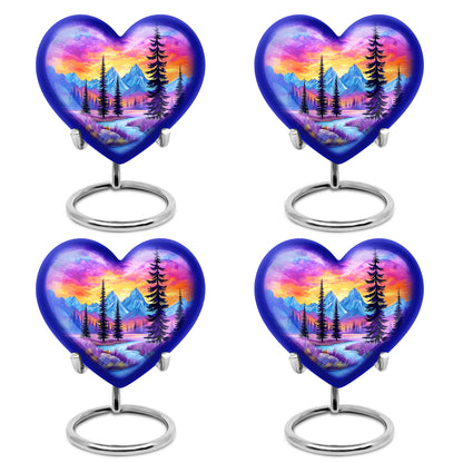 Dusty Blue Beach Cremation Urn angled view of lid and engraved motif - loving heart memorial featuring beach pattern - 10 inch aluminum urn for cremated remains