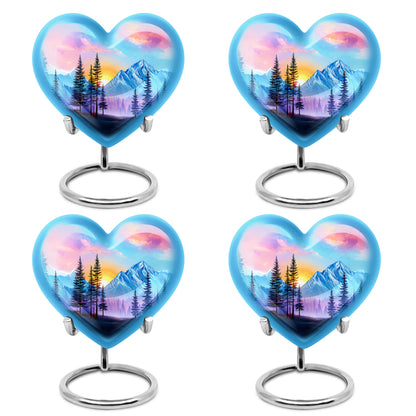 Royal Blue Beach Cremation Urn angled view of lid and engraved motif - compassionate heart-beach combination with gentle curves - 10 inch aluminum urn for cremated remains