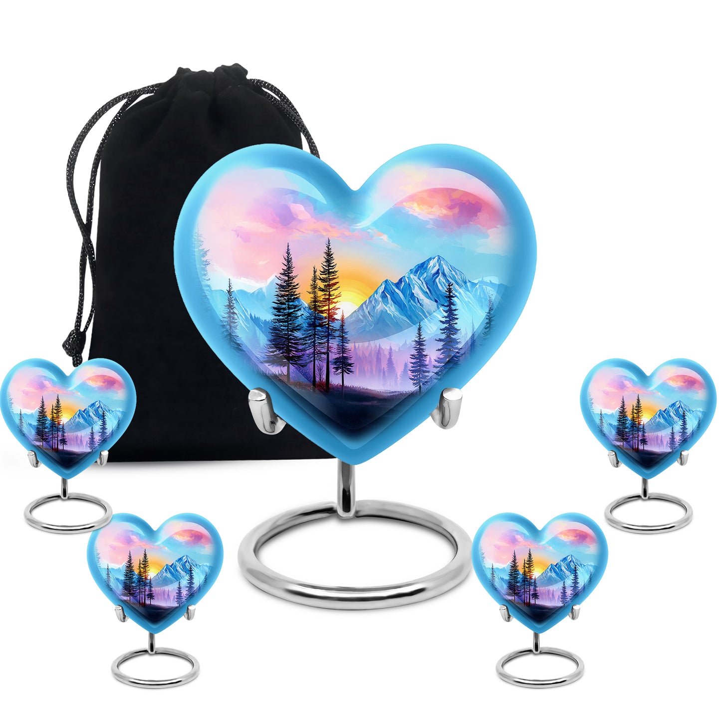 Celestial Blue Beach Cremation Urn close-up of engraving and surface detail - heart-shaped beach design symbolizing eternal love - memorial set with one large and four small urns