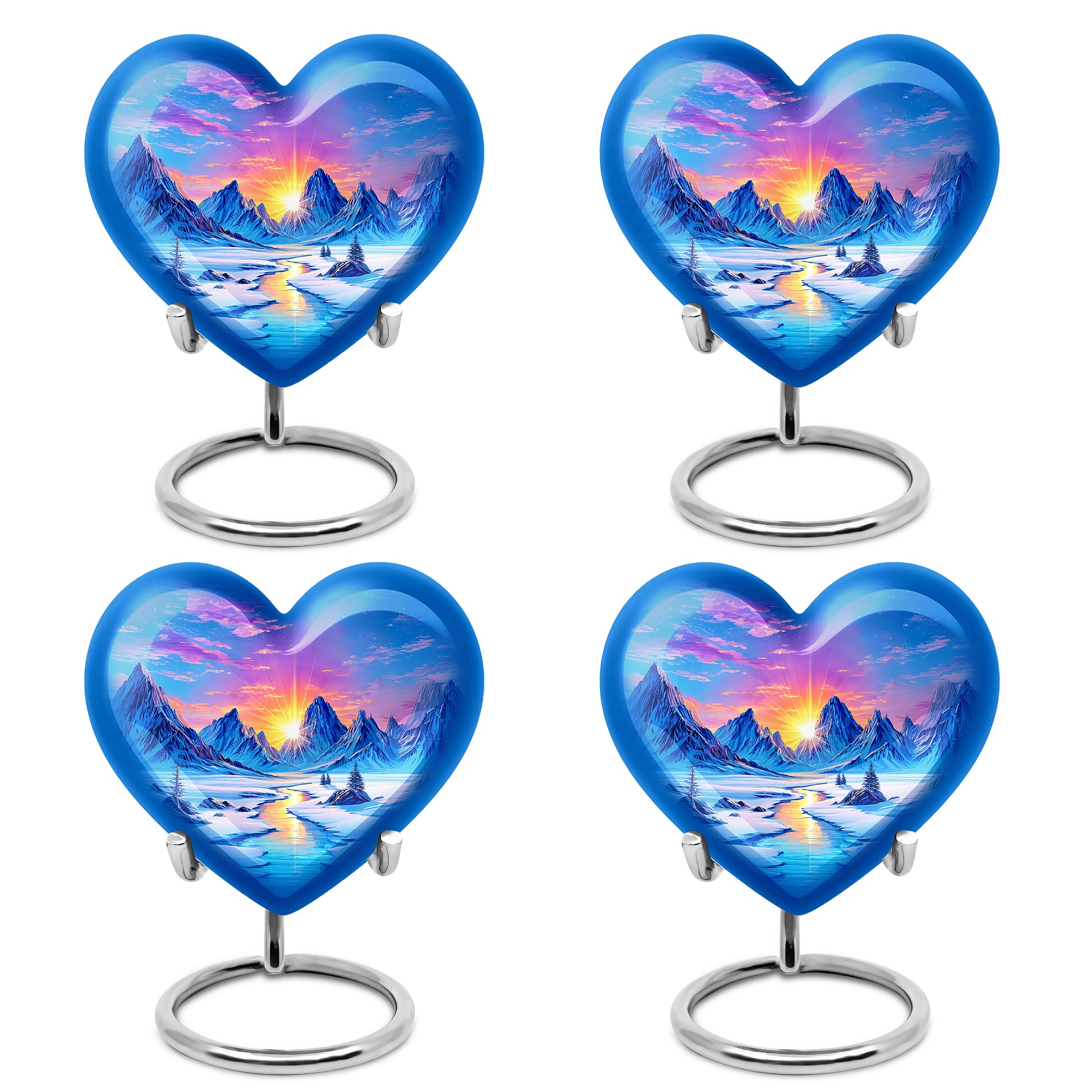 Indigo Beach Cremation Urn angled view of lid and engraved motif - heart-shaped beach design symbolizing eternal love - 10 inch aluminum urn for cremated remains