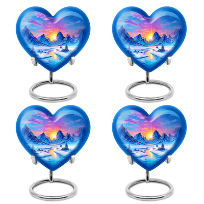 Indigo Beach Cremation Urn angled view of lid and engraved motif - heart-shaped beach design symbolizing eternal love - 10 inch aluminum urn for cremated remains
