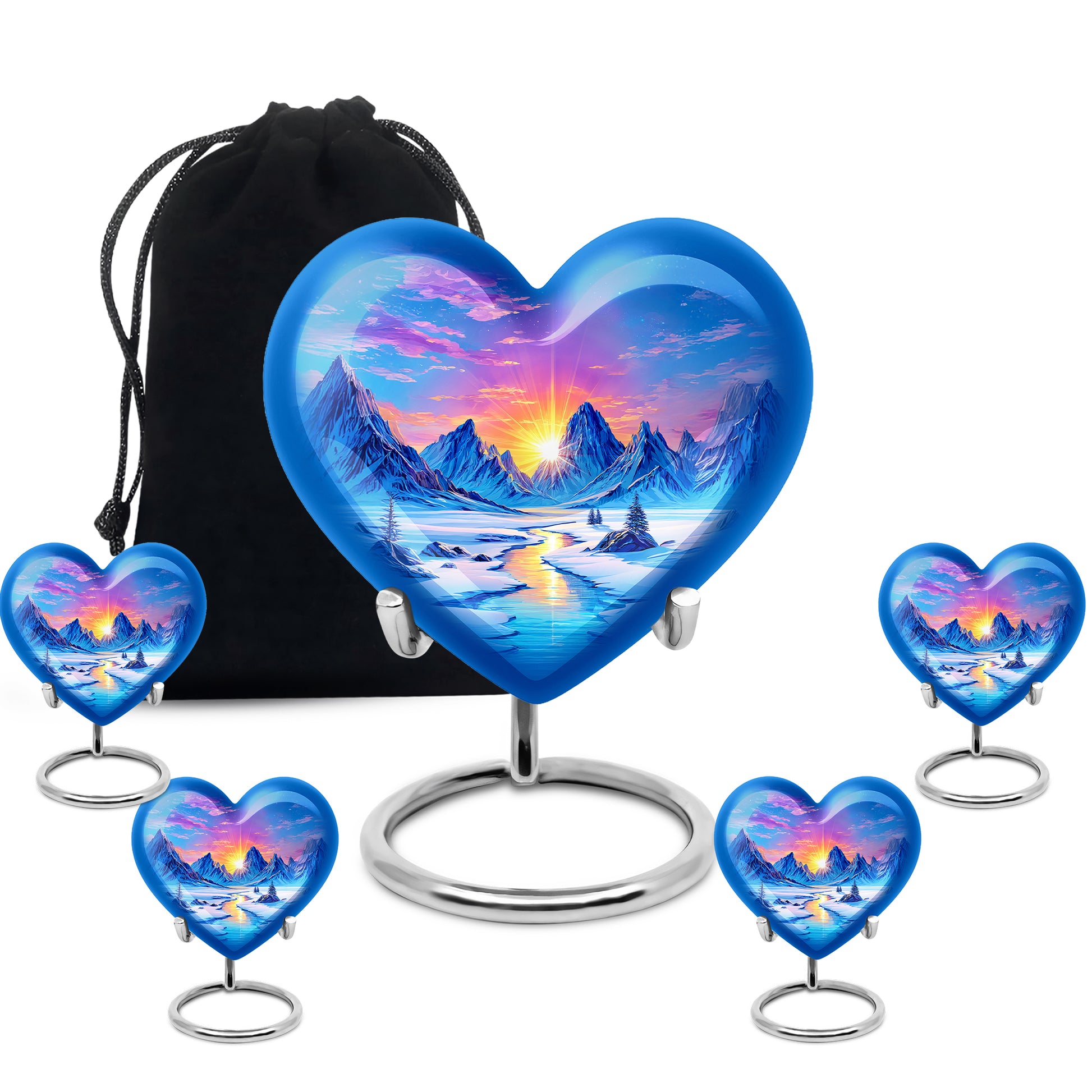 Azure Beach Cremation Urn close-up of engraving and surface detail - loving heart memorial featuring beach pattern - memorial set with one large and four small urns