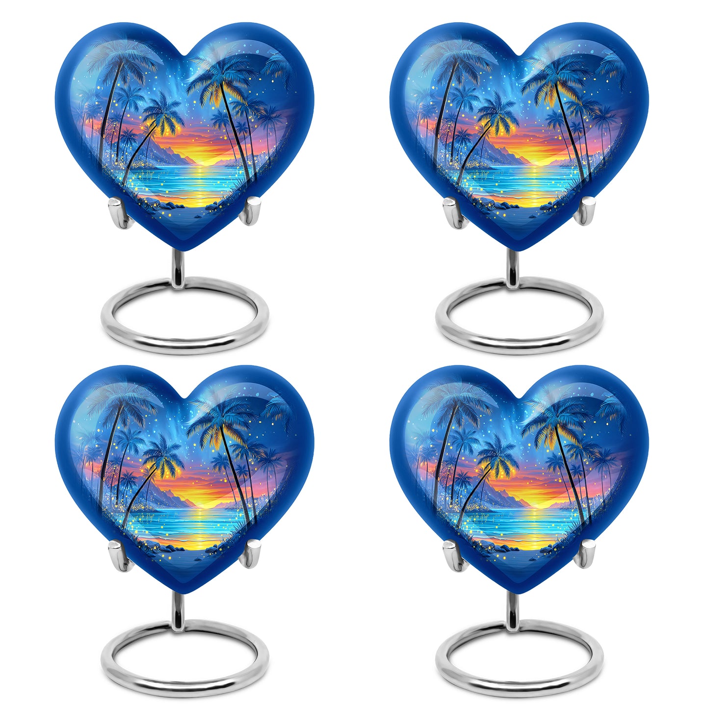 Icy Blue Beach Cremation Urn angled view of lid and engraved motif - heart-shaped beach design symbolizing eternal love - 10 inch aluminum urn for cremated remains